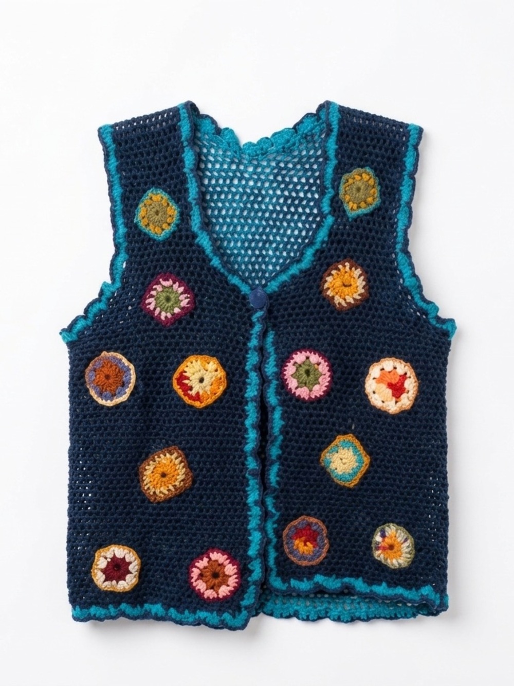 Vintage Boho Crochet Granny Square Vest | Navy Floral Sunburst Knit Waistcoat